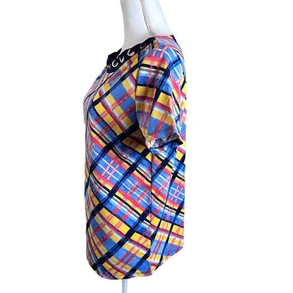 Rafaella Women Top Size L Large Blue Yellow Plaid Eyelet Collar Short Sleeve - Picture 3 of 9